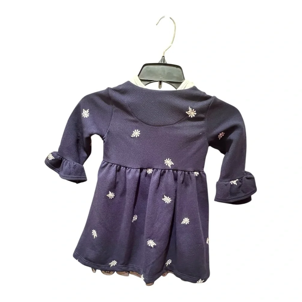 Blueberi Boulevard Girls Navy Coat Dress with White Embroidery Flowers Size 3T